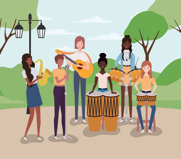 group of women playing instruments in the camp - Vector, Image