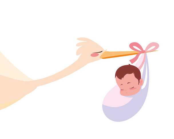 かわいい赤ちゃんを運ぶコウノトリ - ベクター画像