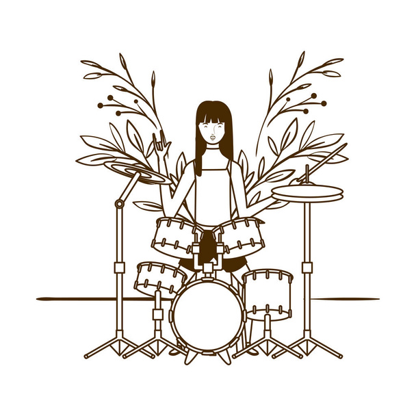 silhouet van de vrouw met Drum Kit op witte achtergrond - Vector, afbeelding