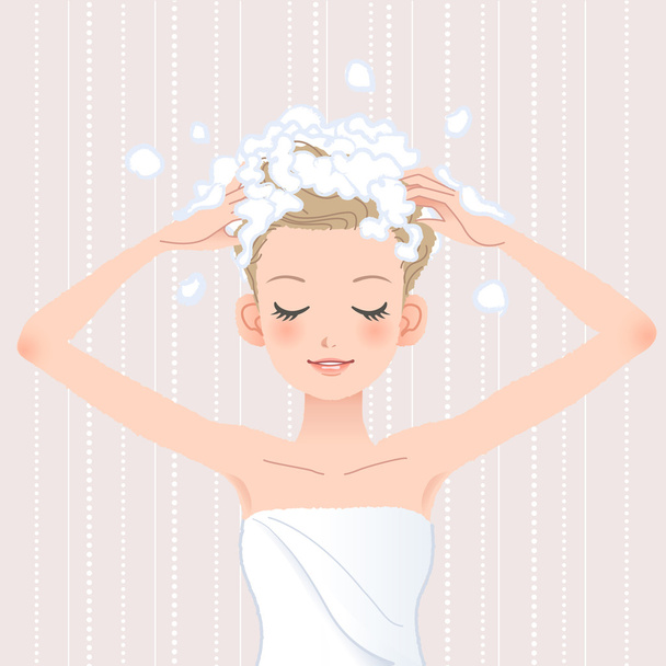 Mujer joven lavándose la cabeza con champú
 - Vector, imagen
