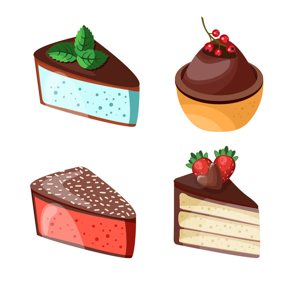 Set of colorful desserts with forest fruits. Chocolate cakes with different fillings. Vector illustration. - Vetor, Imagem
