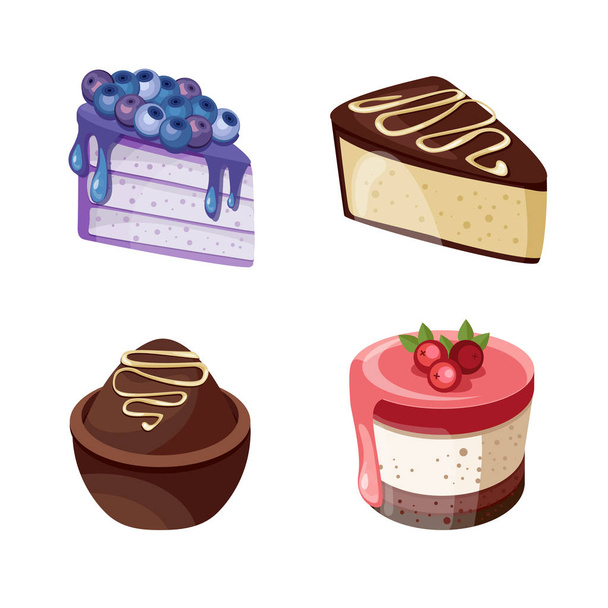 Set of colorful desserts with forest fruits. Chocolate cakes with different fillings. Vector illustration. - Vektori, kuva