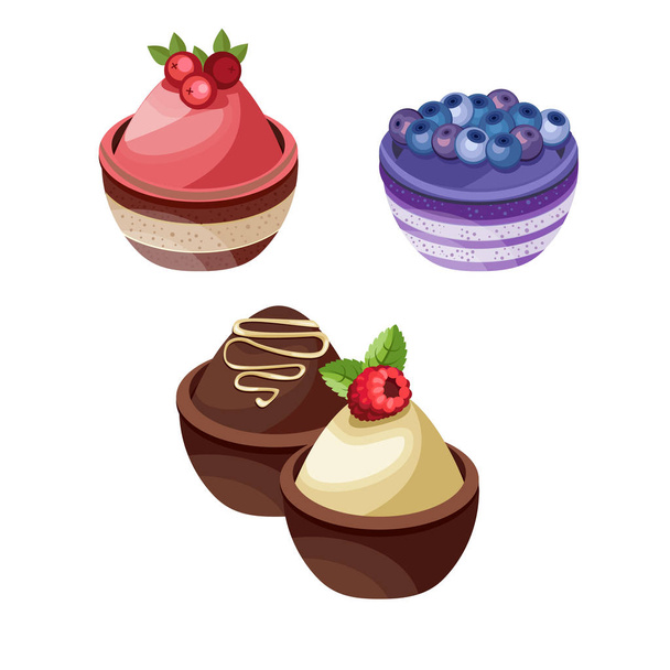 Set of colorful desserts with forest fruits. Chocolate cakes with different fillings. Vector illustration. - Vettoriali, immagini