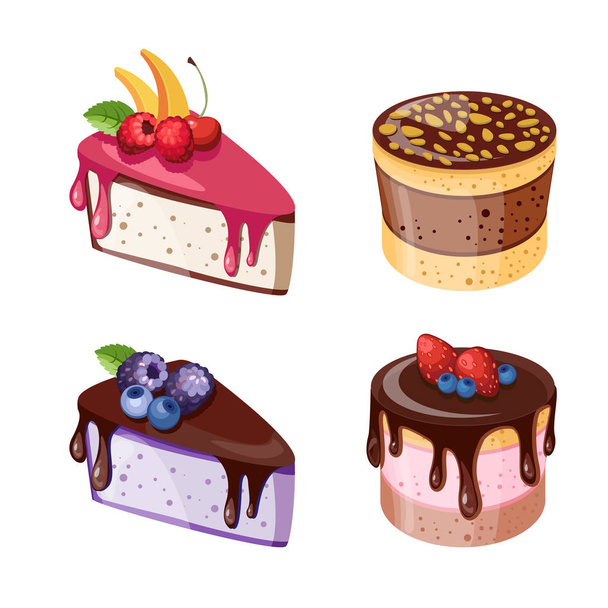 Set von bunten Desserts mit Waldfrüchten. Schokoladenkuchen mit verschiedenen Füllungen. Vektorillustration. - Vektor, Bild