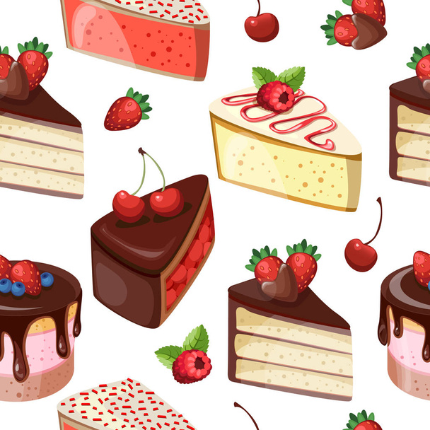 Cakes slices seamless background. Seamless pattern with pies. Vector illustration, seamless pattern. - Vektori, kuva