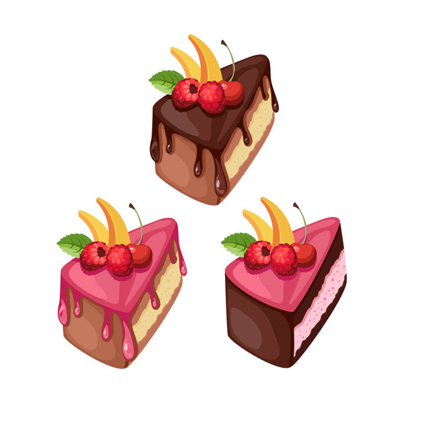 Set of colorful desserts with forest fruits. Chocolate cakes with different fillings. Vector illustration. - ベクター画像