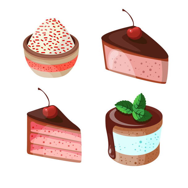 Set of colorful desserts with forest fruits. Chocolate cakes with different fillings. Vector illustration. - Vektor, obrázek