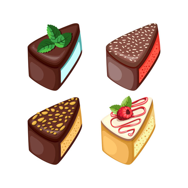 Set of colorful desserts with forest fruits. Chocolate cakes with different fillings. Vector illustration. - Vektori, kuva