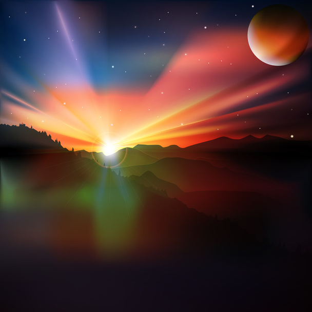 abstract background with sunrise and mountains - Vector, Image
