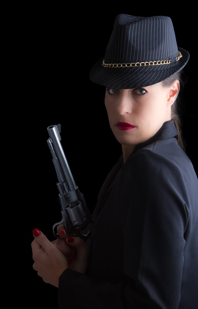 Dangerous woman in black with silver handgun - Φωτογραφία, εικόνα