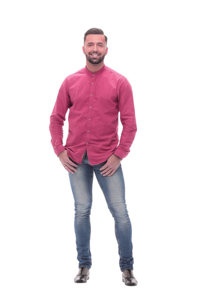 handsome young man in jeans and a red shirt - Фото, зображення
