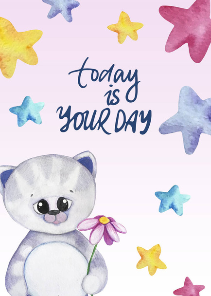 Illustrazione ad acquerello con un gattino e stelle. Oggi è il tuo giorno lettering. Stampa per biglietti di auguri, inviti, tessuti per bambini e manifesti
. - Foto, immagini