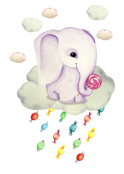 Ilustração aquarela de um elefante bonito em uma nuvem. Chuva de doces. Impressão para cartões de felicitações, convites, têxteis infantis e cartazes
. - Foto, Imagem