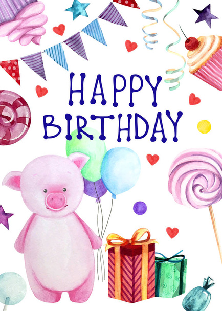 Watercolor illustration with a cute pink pig with balloons, sweets and gifts on the white background. Happy birthday lettering. Print for greeting cards, invitations, children's textiles and posters. - Photo, Image