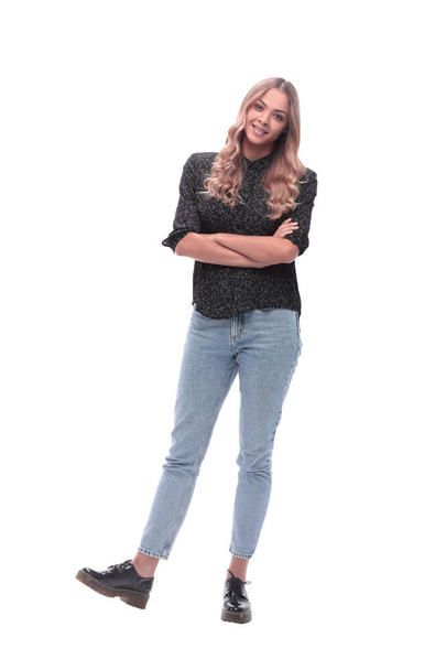 full-length portrait of a cute young woman in jeans - Fotó, kép