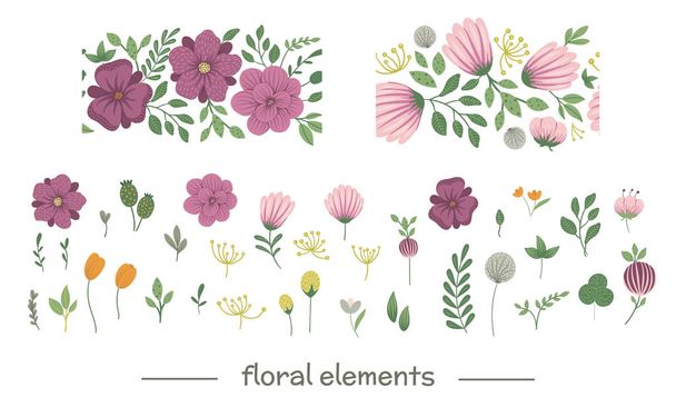 Vektor Blumen Clip Art Set mit nahtlosen Borten-Pinseln - Vektor, Bild