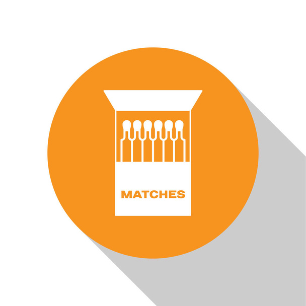 Fehér nyílt Matchbox és mérkőzések ikon elszigetelt fehér háttér. Narancssárga kör gomb. Vektoros illusztráció - Vektor, kép