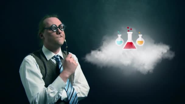 Zabawny nerd lub geek chce flying cloud z obrotową ikona chemii - Materiał filmowy, wideo