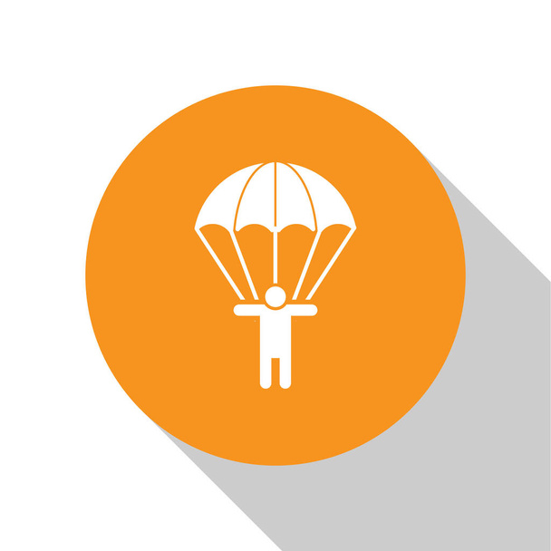 Witte parachute en silhouet persoon pictogram geïsoleerd op witte achtergrond. Oranje cirkel knop. Vector illustratie - Vector, afbeelding