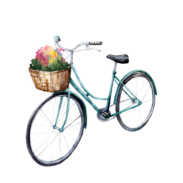 Cartão aquarela com bicicleta azul com cesta e flores. Ilustração pintada à mão do verão isolada no fundo branco. Para desenho, estampas ou fundo
. - Foto, Imagem