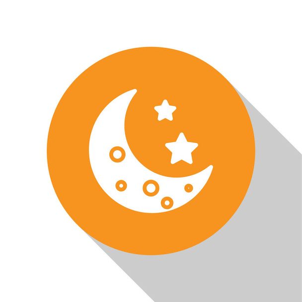 Icono de luna blanca y estrellas aislado sobre fondo blanco. Botón círculo naranja. Ilustración vectorial
 - Vector, Imagen