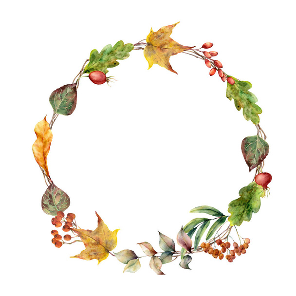 Watercolor wreath with fall leaves and berries. Hand painted leaves and berries isolated on white background. Botanical illustration for design, print, fabric. - Foto, Imagem