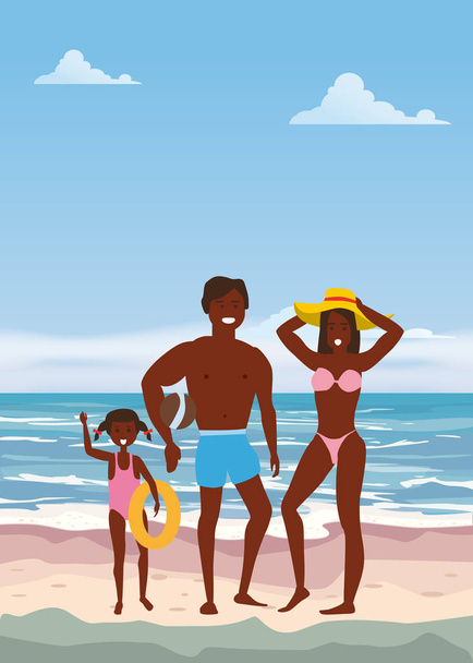 Happy Family on Summer Vacation Beach. Father Mother and Daughter enjoying Beach Vacation walking on Sand Sea Ocean. Vector Illustration poster baner isolated - Vector, Image