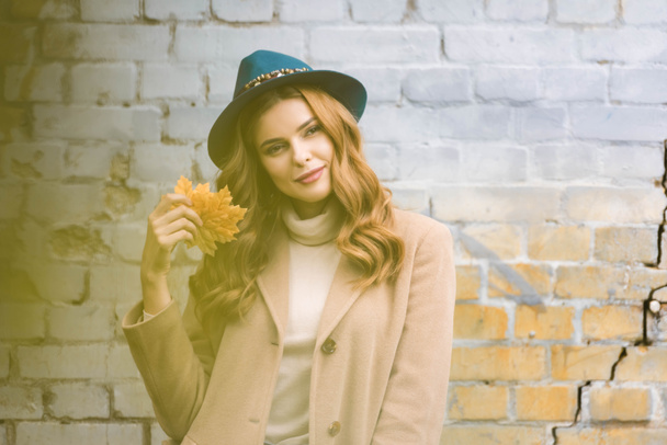 attractive woman in blue hat looking at camera and holding yellow leaves  - Photo, Image