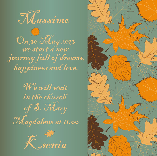 bruiloft uitnodiging met herfst bladeren - Vector, afbeelding