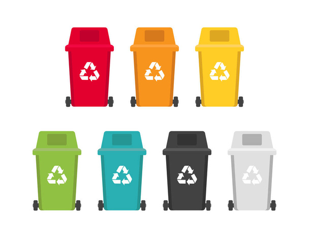 Vector de basura contenedores aislados de color con símbolos de reciclaje. Envases ecológicos para diferentes tipos de basura
. - Vector, Imagen