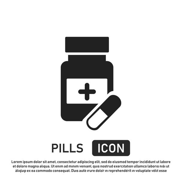 Pills isolated vector icon. Medicine bottle and capsule symbol. Healt sign. - Vector, Image