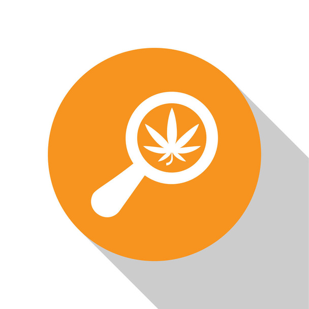 White Magnifying glass and medical marijuana or cannabis leaf icon isolated on white background. Hemp symbol. Orange circle button. Vector Illustration - Vector, Image