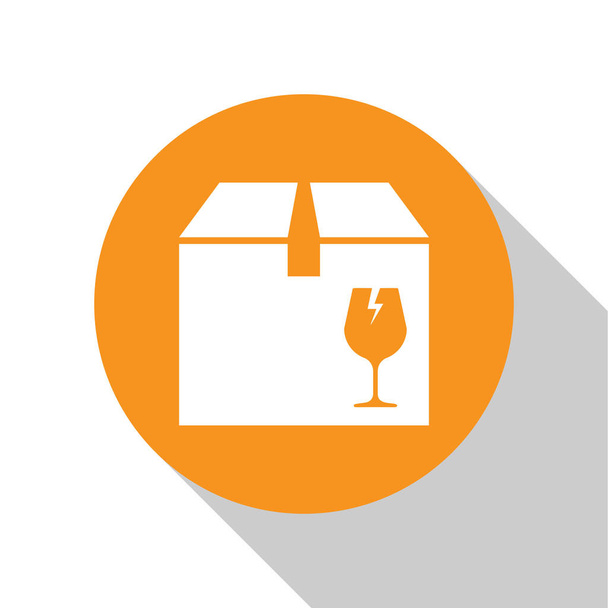 weiße Lieferverpackung mit fragilen Inhalt Symbol von Glasscherben Symbol isoliert auf weißem Hintergrund. Box, Paket, Paketschild. orange Kreis-Taste. Vektorillustration - Vektor, Bild