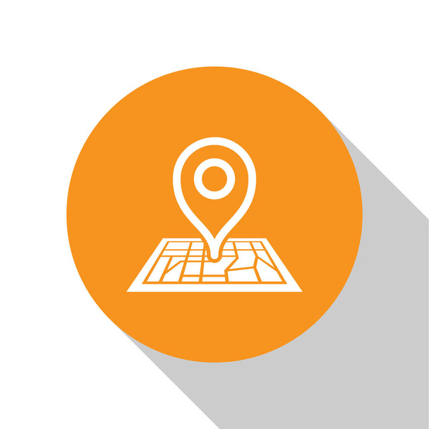 Placeholder branco no papel do mapa no ícone da perspectiva isolado no fundo branco. Botão laranja círculo. Ilustração vetorial
 - Vetor, Imagem