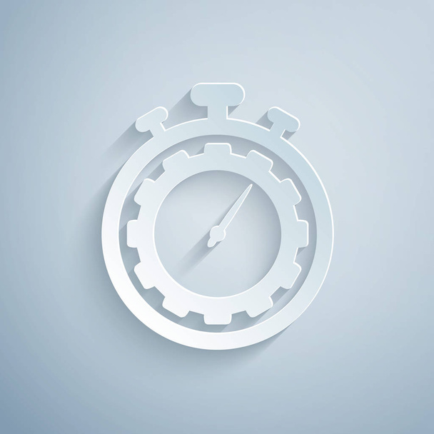 紙切り時間管理アイコンは、灰色の背景に分離されています。時計とギアサイン。生産性記号。ペーパーアートスタイル。ベクトルイラストレーション - ベクター画像