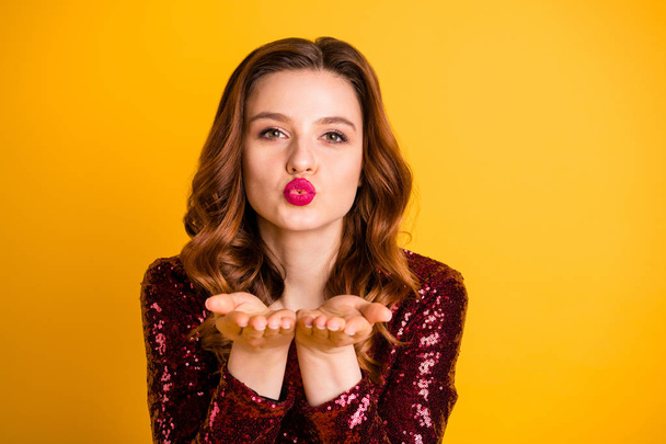 Close-up photo portrait of charming lovely cute romantic lady sending air kiss to you wearing glossy burgundy outfit isolated over bright background - Fotoğraf, Görsel
