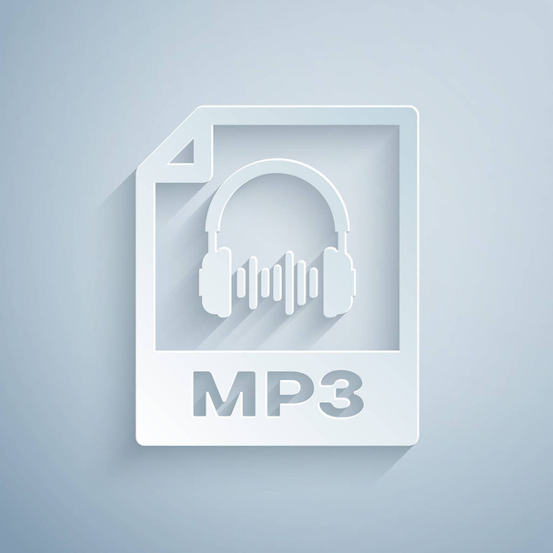 紙カットMp3ファイル文書。灰色の背景に分離されたmp3ボタンアイコンをダウンロードしてください。Mp3 音楽フォーマット記号。Mp3 ファイルシンボル。ペーパーアートスタイル。ベクトルイラストレーション - ベクター画像