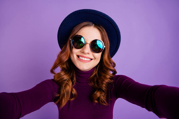 Close up photo of charming millennial make photo isolated over purple violet background - Фото, изображение