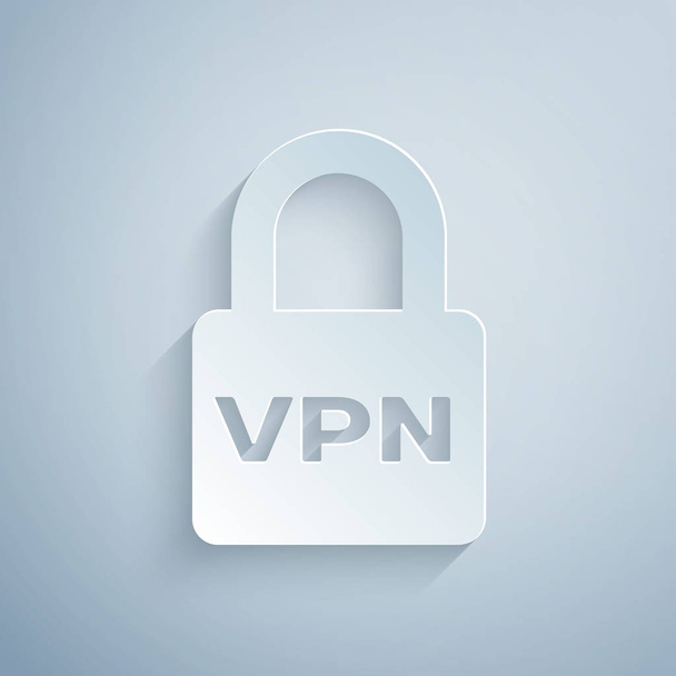 Paper cut Blocca l'icona VPN isolata su sfondo grigio. Stile cartaceo. Illustrazione vettoriale
 - Vettoriali, immagini