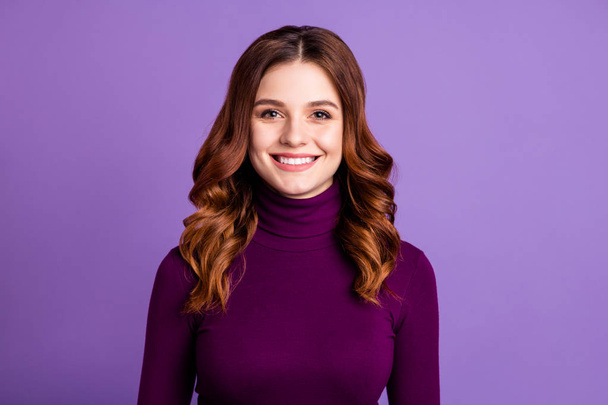 Close-up portrait of her she nice-looking attractive lovely lovable cheerful cheery wavy-haired lady isolated over bright vivid shine purple violet background - Фото, зображення