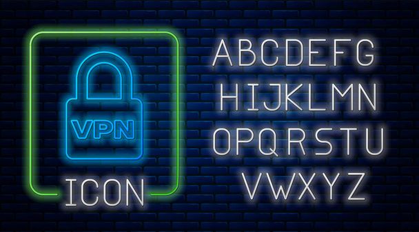 Icona luminosa al neon Lock VPN isolata sullo sfondo del muro di mattoni. Alfabeto della luce al neon. Illustrazione vettoriale
 - Vettoriali, immagini