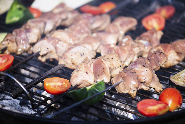 stukjes barbecue varkensvlees op een spiesje met groenten op de grill - Foto, afbeelding