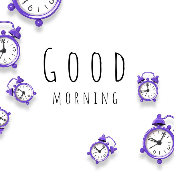 Breakfast concept with alarm clock on grey background with copy space in minimal style, template for text - Photo, Image