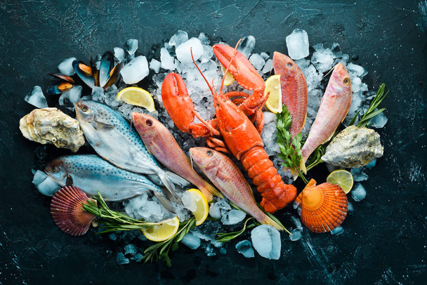 Seafood on stone background. Lobster, fish, shellfish. Top view. Free copy space. - Foto, immagini