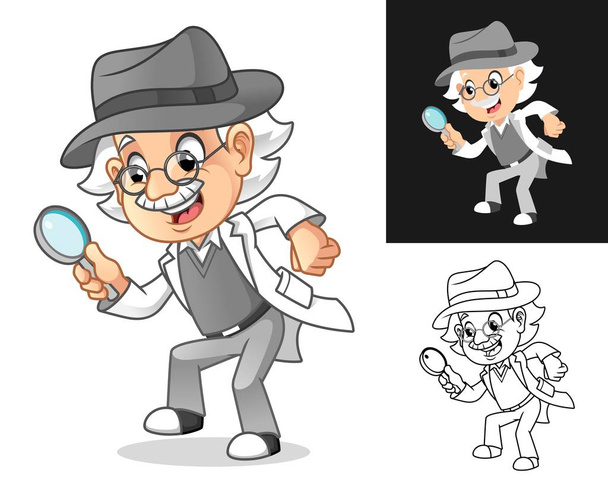 glücklich alter Mann Professor Detektiv kriminellen Ermittlungen mit Brille und Hut hält Lupe Cartoon Charakter Design, einschließlich Flach- und Linienzeichnungen, Vektorillustration. - Vektor, Bild