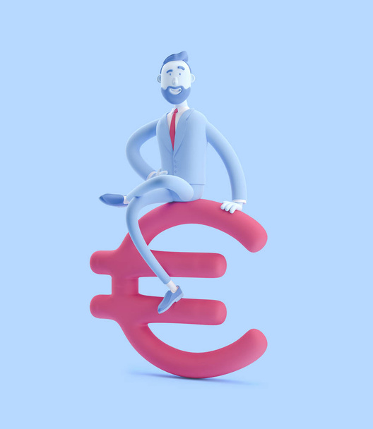 3D-Illustration. Geschäftsmann Billy mit großem Euro-Zeichen. Geschäftsmann Billy in blauer Farbe. - Foto, Bild