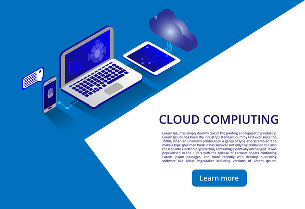 Izometrik modern bulut teknolojisi ve ağ konsepti. Web bulut teknolojisi iş. Bulut bilgi işlem çevrimiçi depolama - Vektör, Görsel