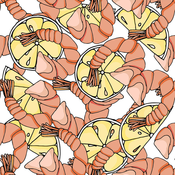 Shrimp lemon slice endless pattern. Seamless background watercolor pink yellow black outline element stock vector illustration art design element for seafood menu, for print, for wallpaper - Vektör, Görsel
