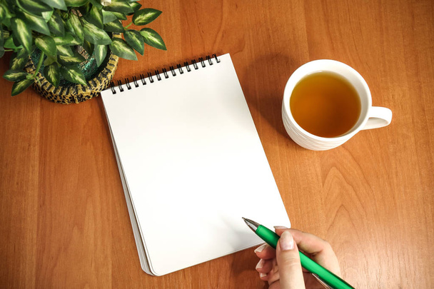 Επίπεδη θέα από πάνω, γυναίκα που κρατά ένα στυλό στο χέρι της, το χώρο της, Notepad λευκό χαρτί και πράσινο τσάι σε ένα τραπέζι - Φωτογραφία, εικόνα