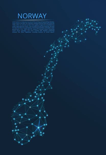 Mapa sieci komunikacyjnej Norwegii. Wektor Low Poly obraz globalnej mapie ze światłami w postaci miast lub gęstości zaludnienia składające się z punktów i kształtów w postaci gwiazd i przestrzeni. - Wektor, obraz